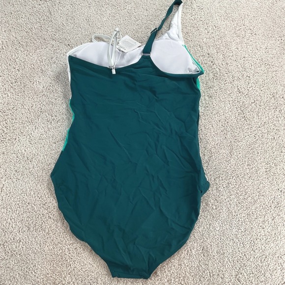 Eomenie Womens One Shoulder Colorblock Ruched One Piece Swimsuit Green White - Picture 5 of 10